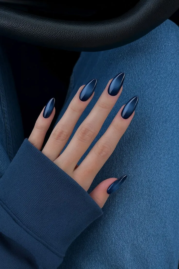 Navy Blue Ombre Almond Nails | Glossy Acrylic Nail Design for Stylish Women