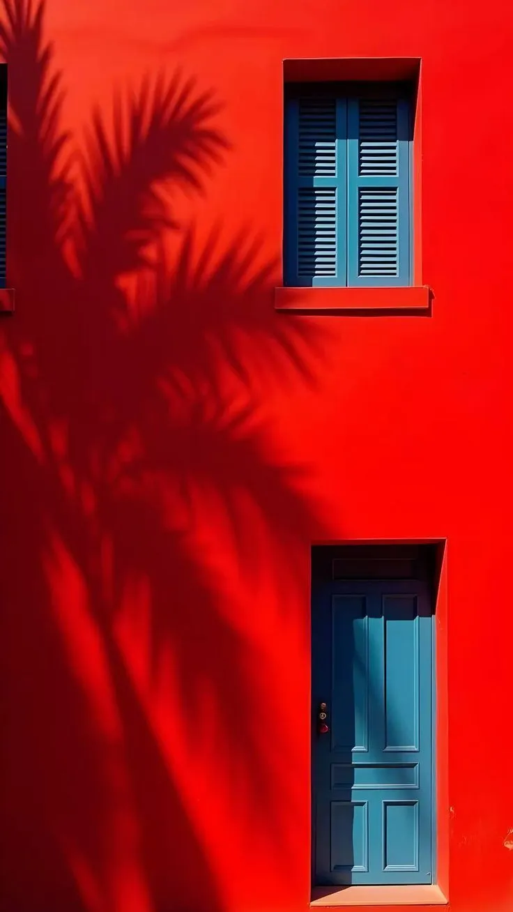 a red building with blue shutters and a palm tree shadow on the wall next to it