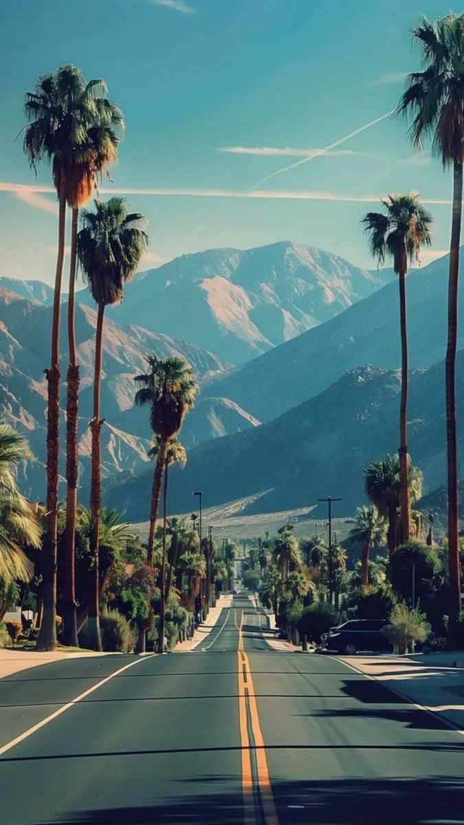 palm trees line the street in front of mountains