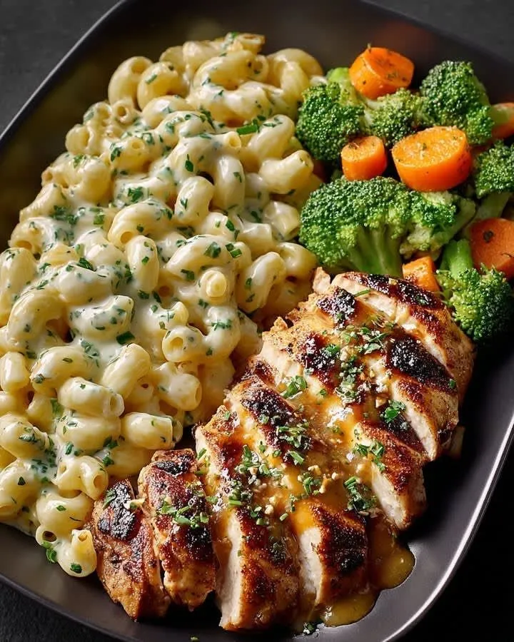a plate with chicken, macaroni and vegetables on it