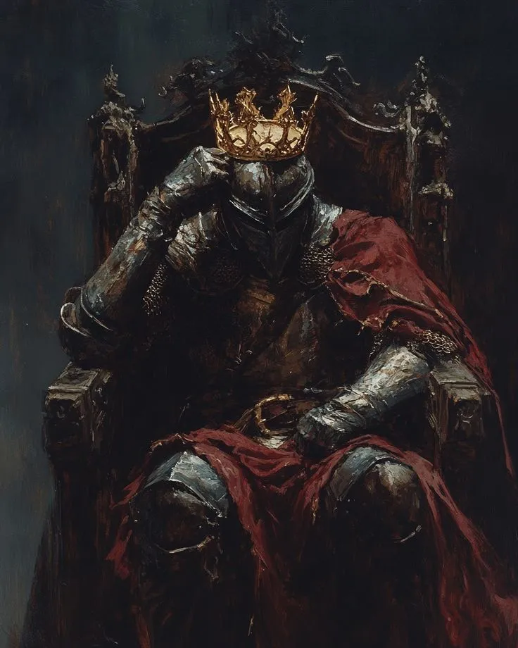a painting of a knight sitting in a chair with a crown on it's head