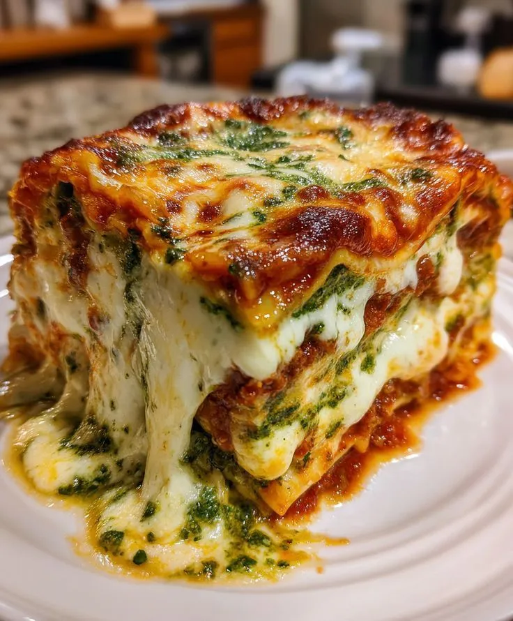 a white plate topped with lasagna covered in sauce