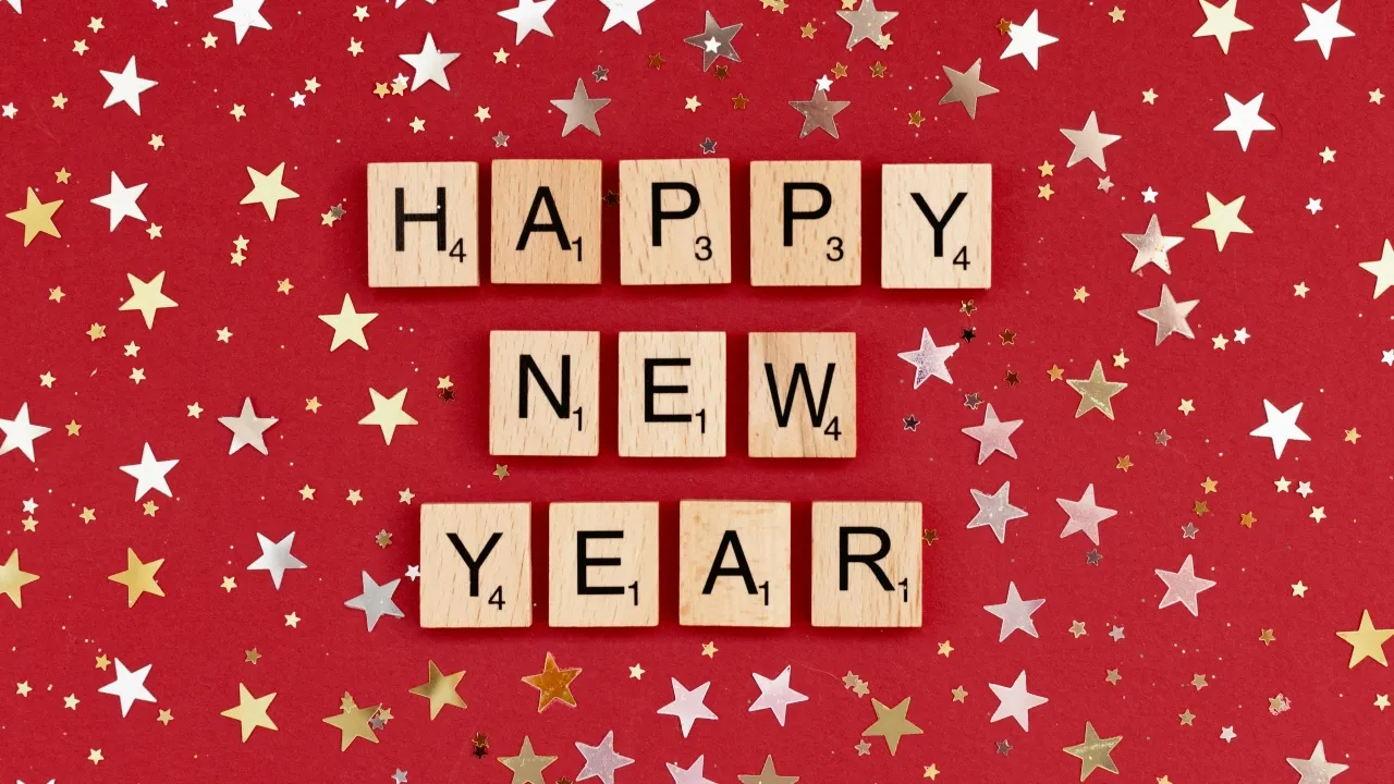 Happy New Year, Scrabble letters, Red background, Golden stars, 5K, 8K