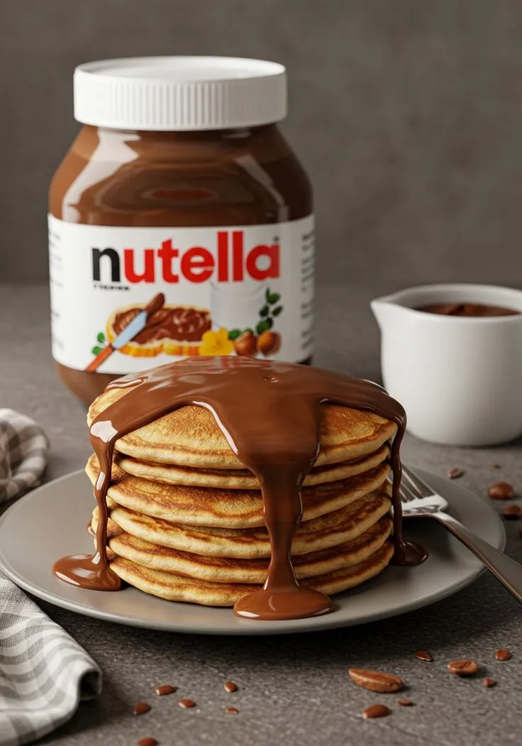 Fluffy Pancakes Decorated with Nutella 🍫🥞 Light, fluffy pancakes topped with a drizzle of rich Nutella—perfect for breakfast or dessert! 📌 Prep Time: 10 min | ⏳ Cook Time: 15 min | 🍽️ Servings: 4 ________________________________________ 📝 Ingredients For 