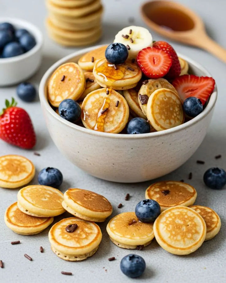 Fluffy Mini Pancakes 🥞✨Ingredients:For the mini pancakes:1 cup all-purpose flour2 tablespoons granulated sugar1 teaspoon baking powder1/2 teaspoon baking soda1/4 teaspoon salt1 cup buttermilk (or milk with 1 tablespoon vinegar added)1 large egg2 tablespoo