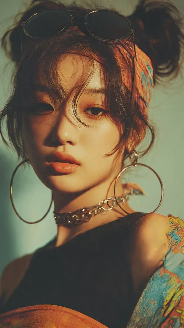 a woman wearing large metal hoop earrings