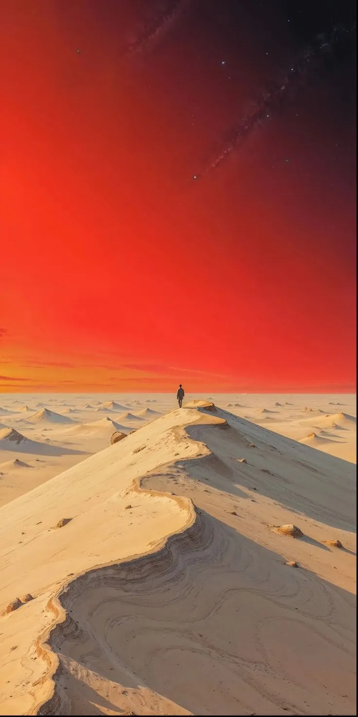 a man standing on top of a sandy dune under a red sky with stars in the distance