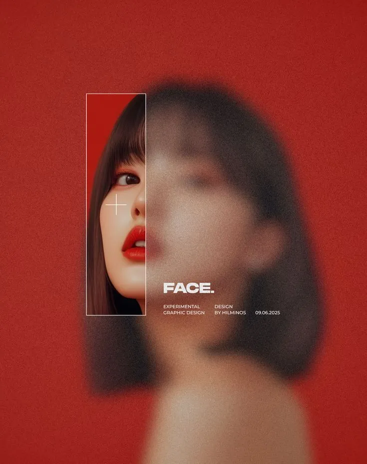 a woman's face is seen through a red background with the word face on it