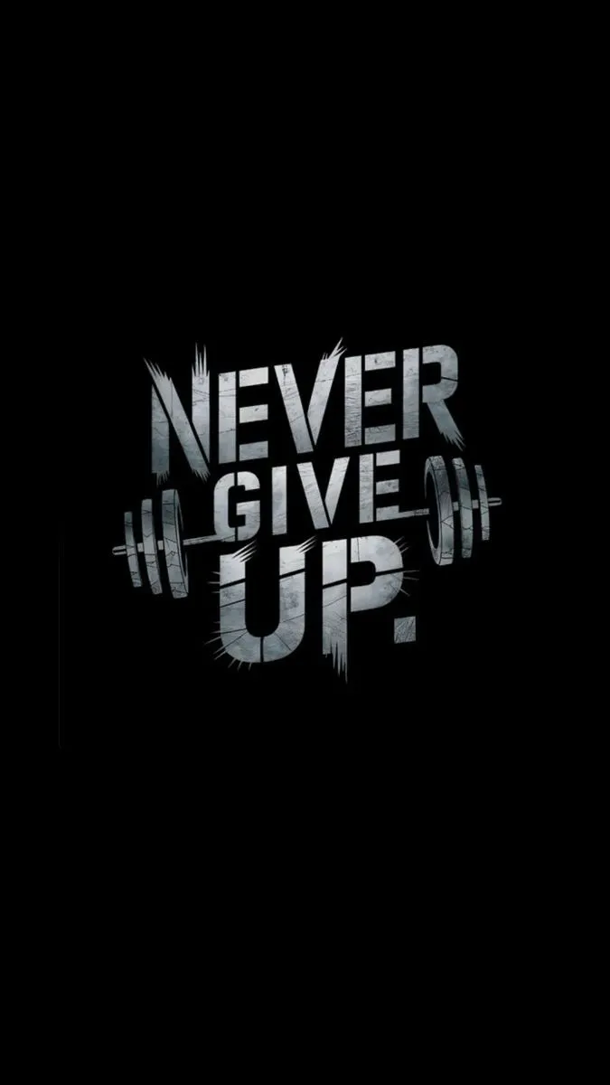 the words never give up written in black and white on a dark background with silver letters