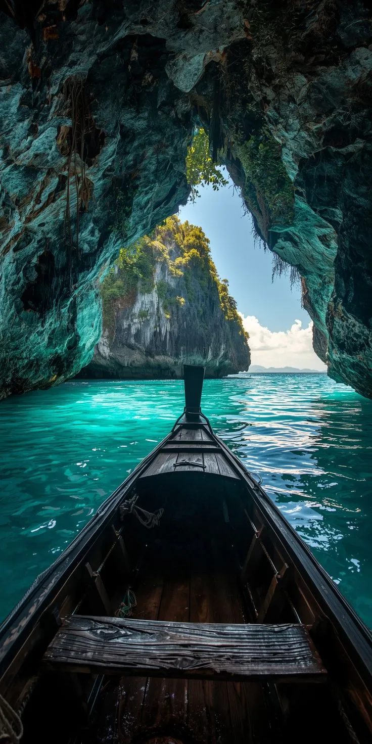a boat in the water near a cave