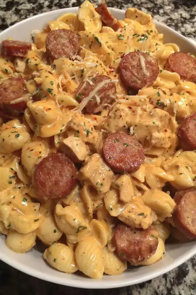 a white bowl filled with pasta and sausage covered in cheese sauce on top of a marble counter