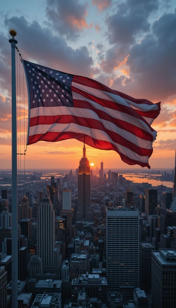 an american flag flying in the air over a city at sunset with clouds and skyscrapers