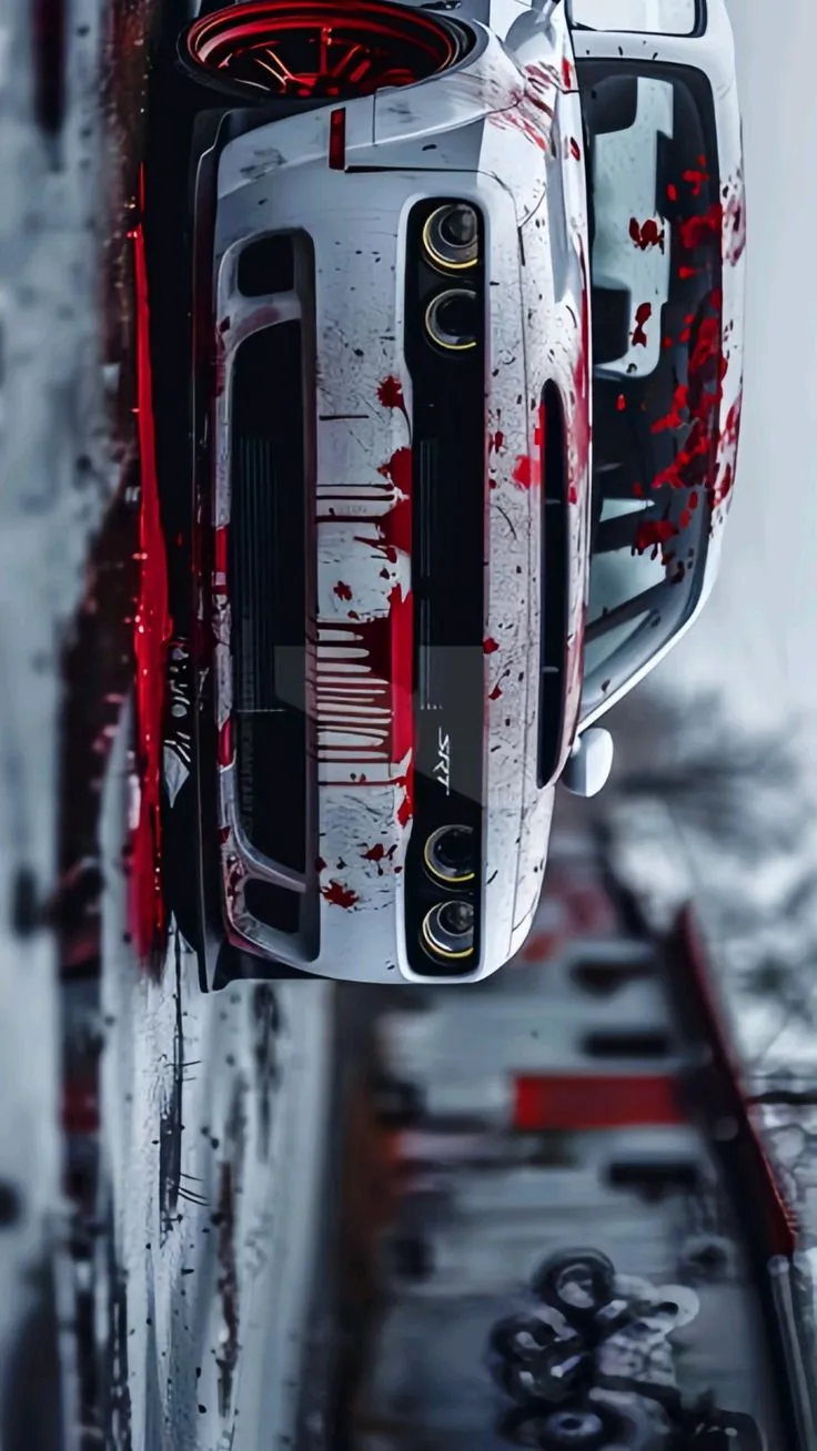 dadge challenger   white with blood splatter