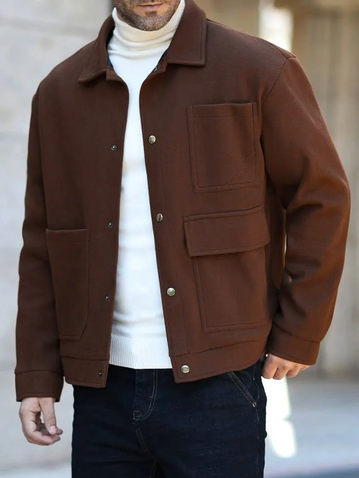 Men's Casual Multi Pocket Solid Color Wool Blend Jacket, Versatile For Autumn/Winter