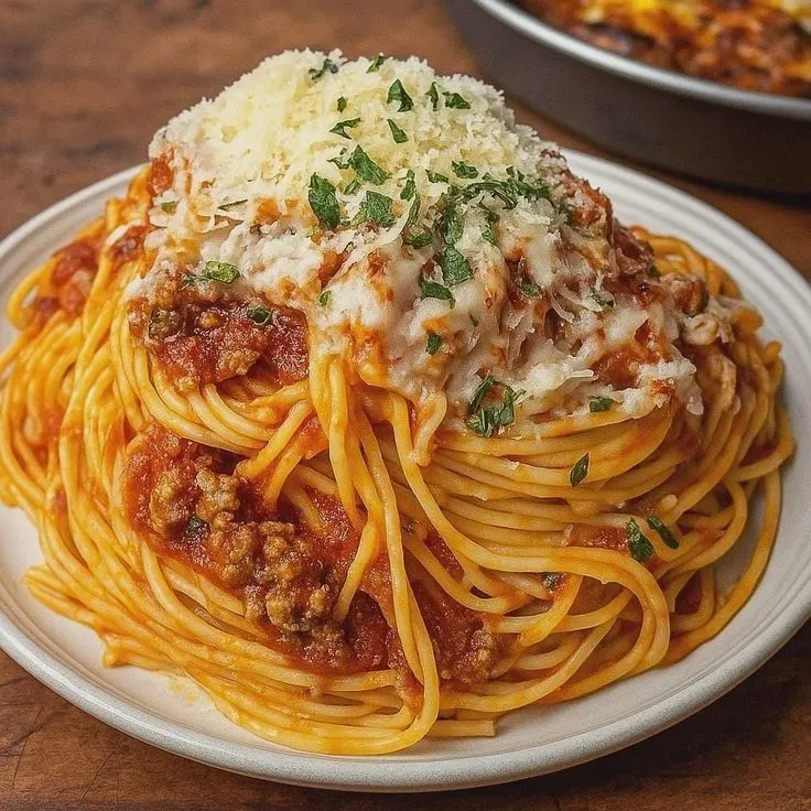 a white plate topped with spaghetti covered in sauce and parmesan on top of a wooden table