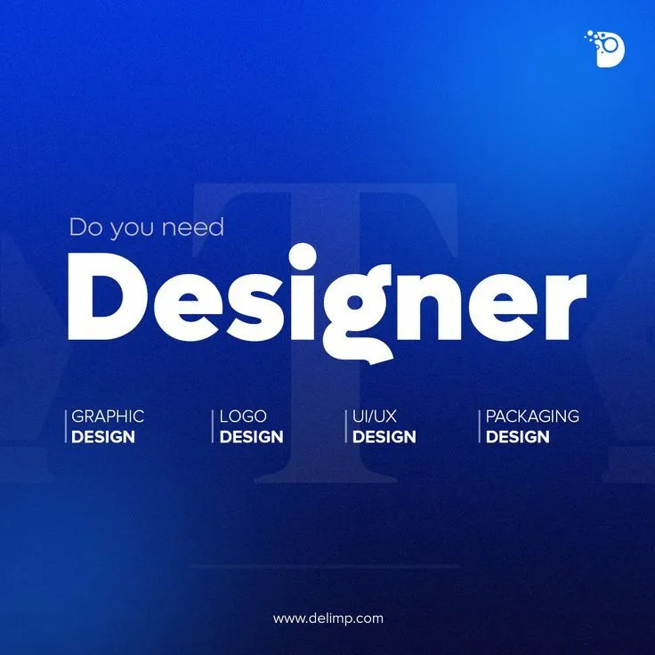 a blue background with the words designer in different font styles and colors, including white letters