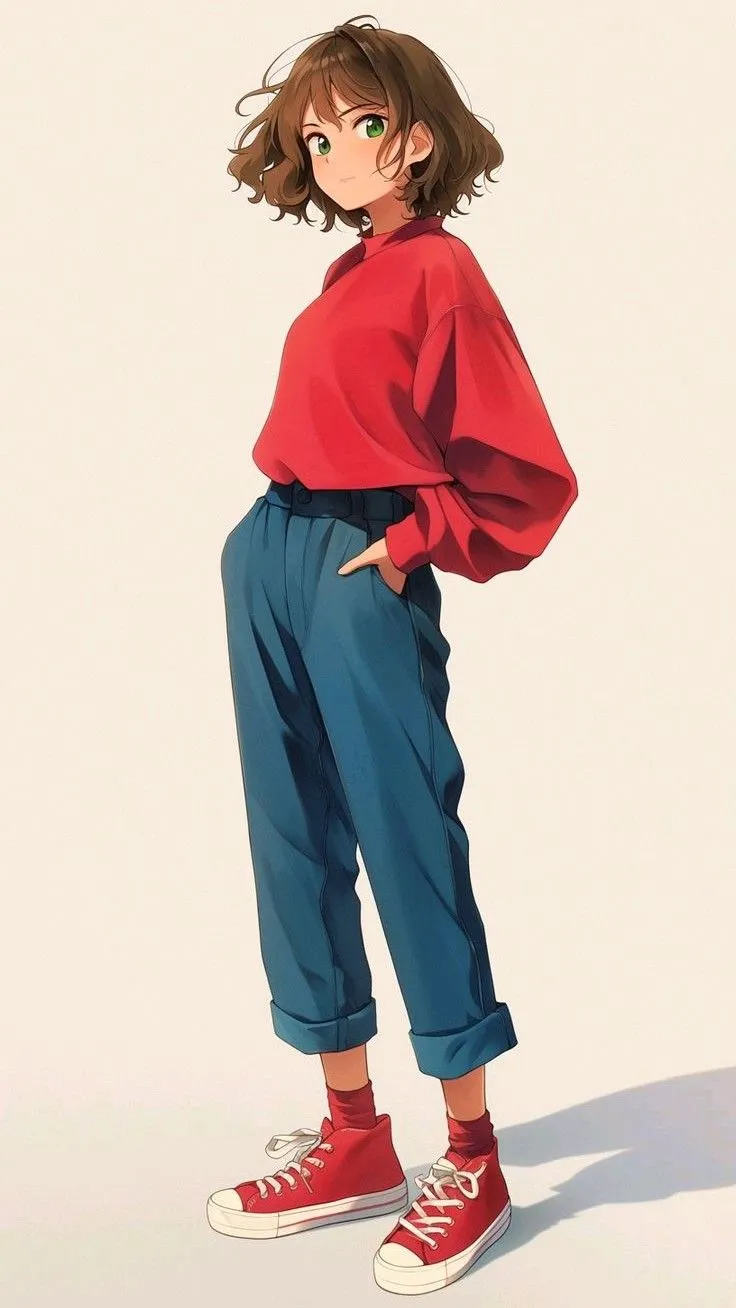 a woman in red shirt and blue pants standing with her hands on her hipss