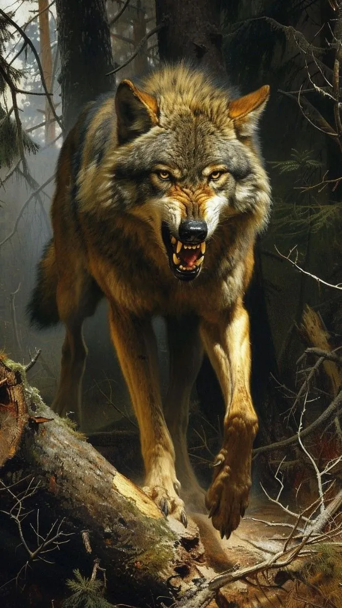 a painting of a wolf running through the woods with its mouth open and teeth wide