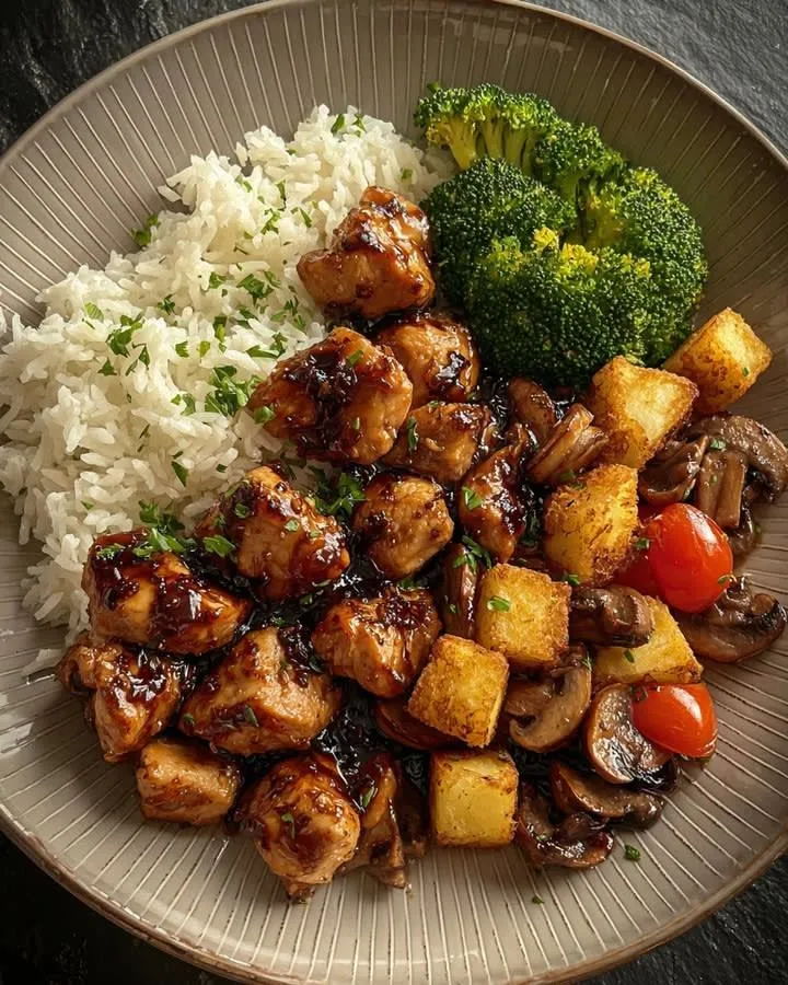 Sticky Glazed Chicken Bowl with Rice, Broccoli, Potatoes & Mushrooms