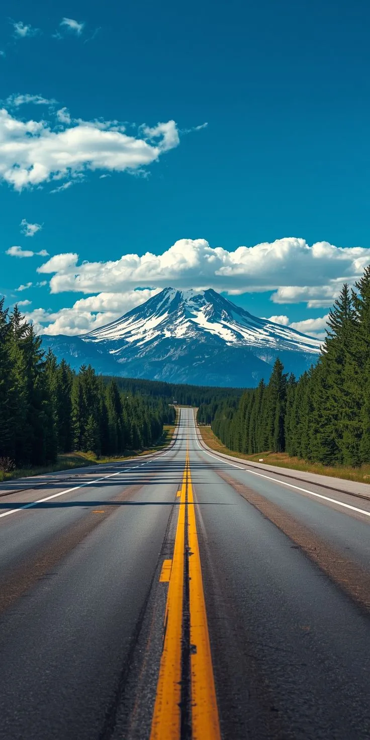 an empty road with mountains in the background and trees on both sides, under a partly cloudy blue sky