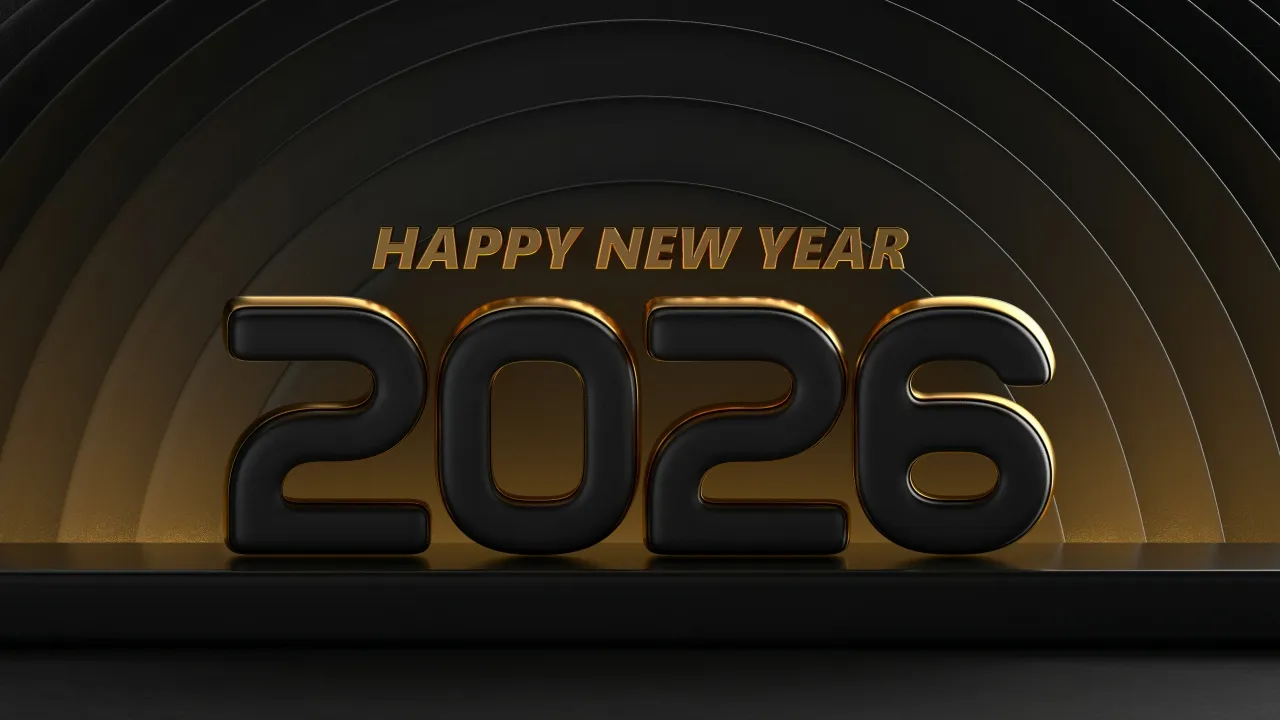 Happy New Year 2026, Black and gold, 3D text, 2026 New Year