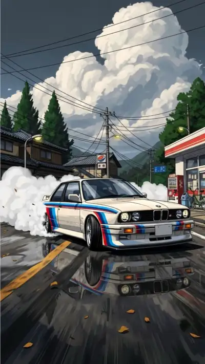 a painting of a white car with blue and red stripes on the front driving down a street