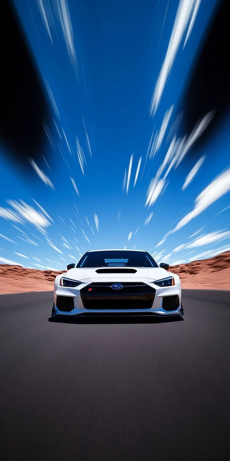 a white sports car driving down a road under a blue sky with some clouds in the background