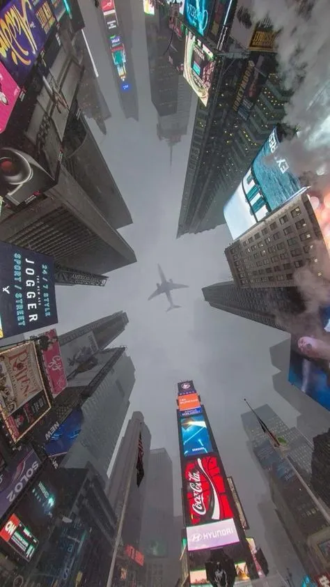 an airplane flying through the middle of a city