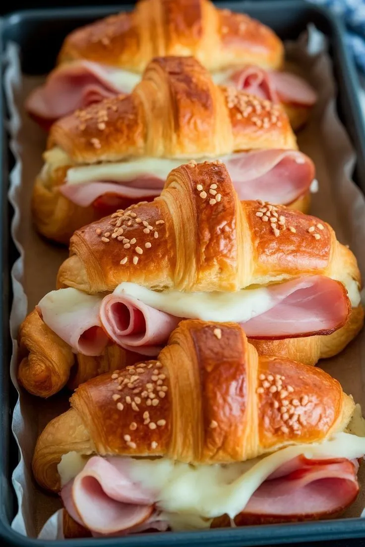 ham and cheese croissants in a baking pan