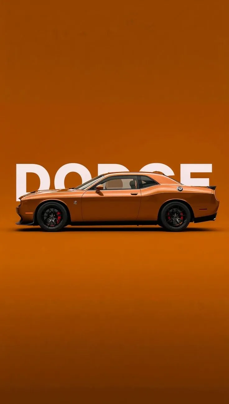 an orange sports car parked in front of the word dodge on an orange background with white lettering
