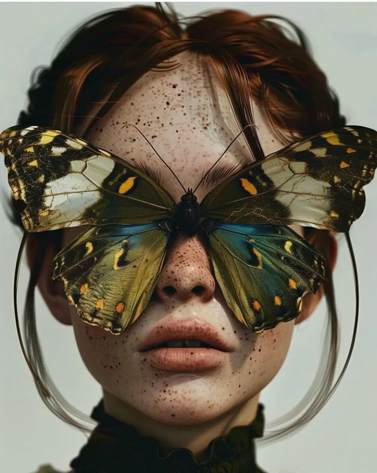 a woman with freckles on her face and butterfly wings over her eyes is looking at the camera