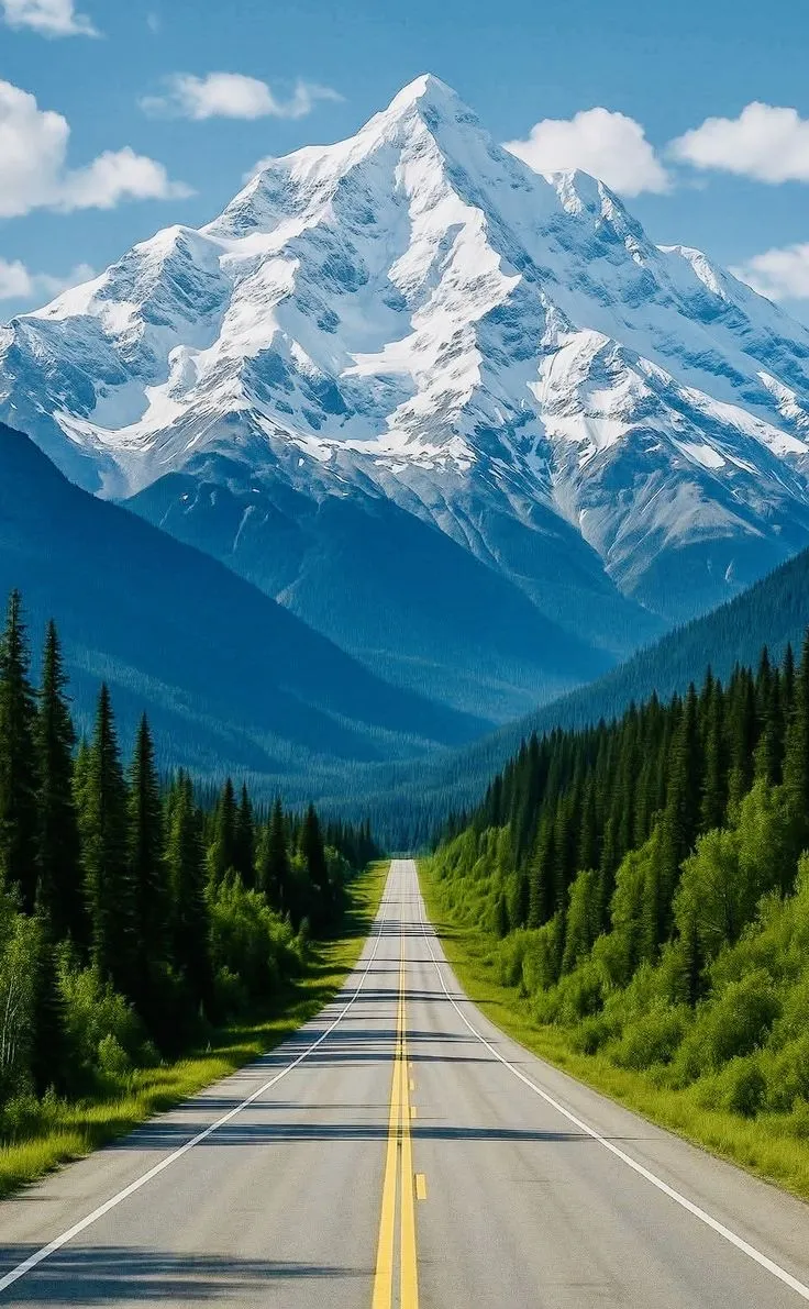 the road is lined with pine trees and mountains in the distance, as well as snow - capped peaks