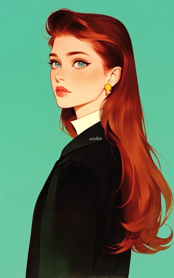 a painting of a woman with long red hair wearing a black shirt and earrings, against a teal background