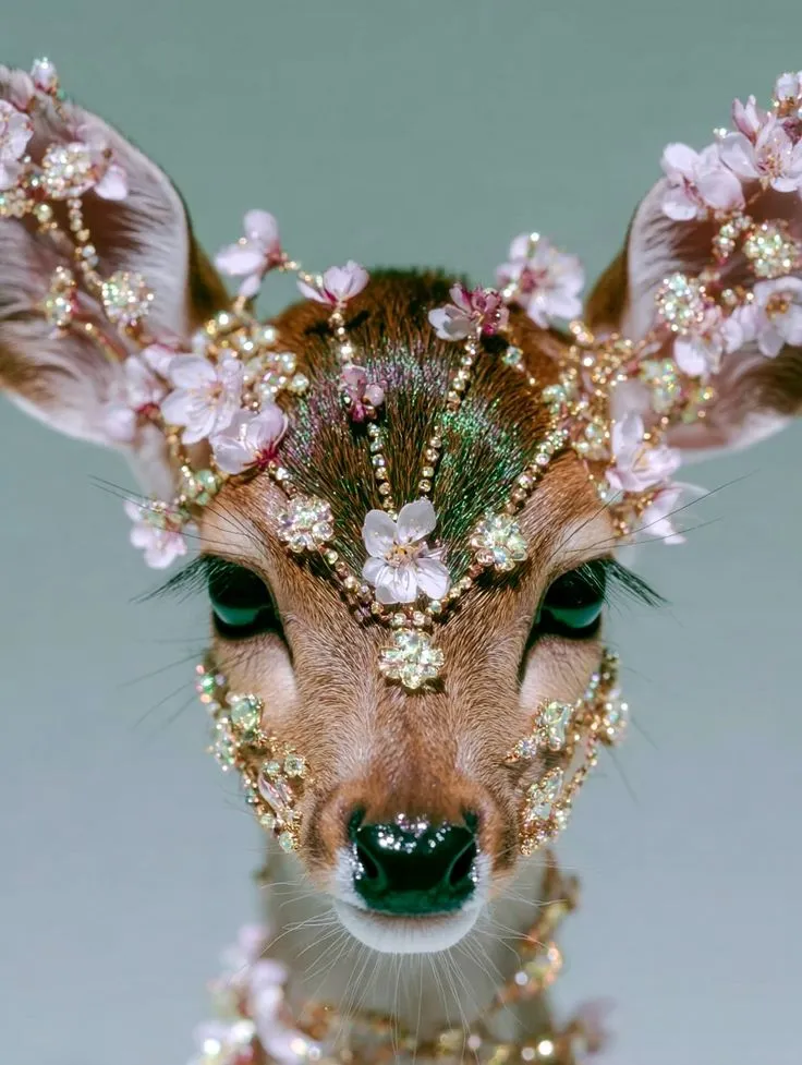 a deer with flowers on it's head is wearing a gold and green crown