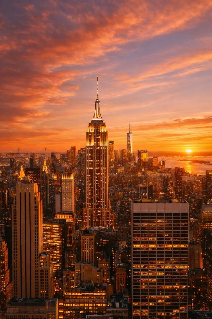 the sun is setting over new york city, with skyscrapers in the foreground