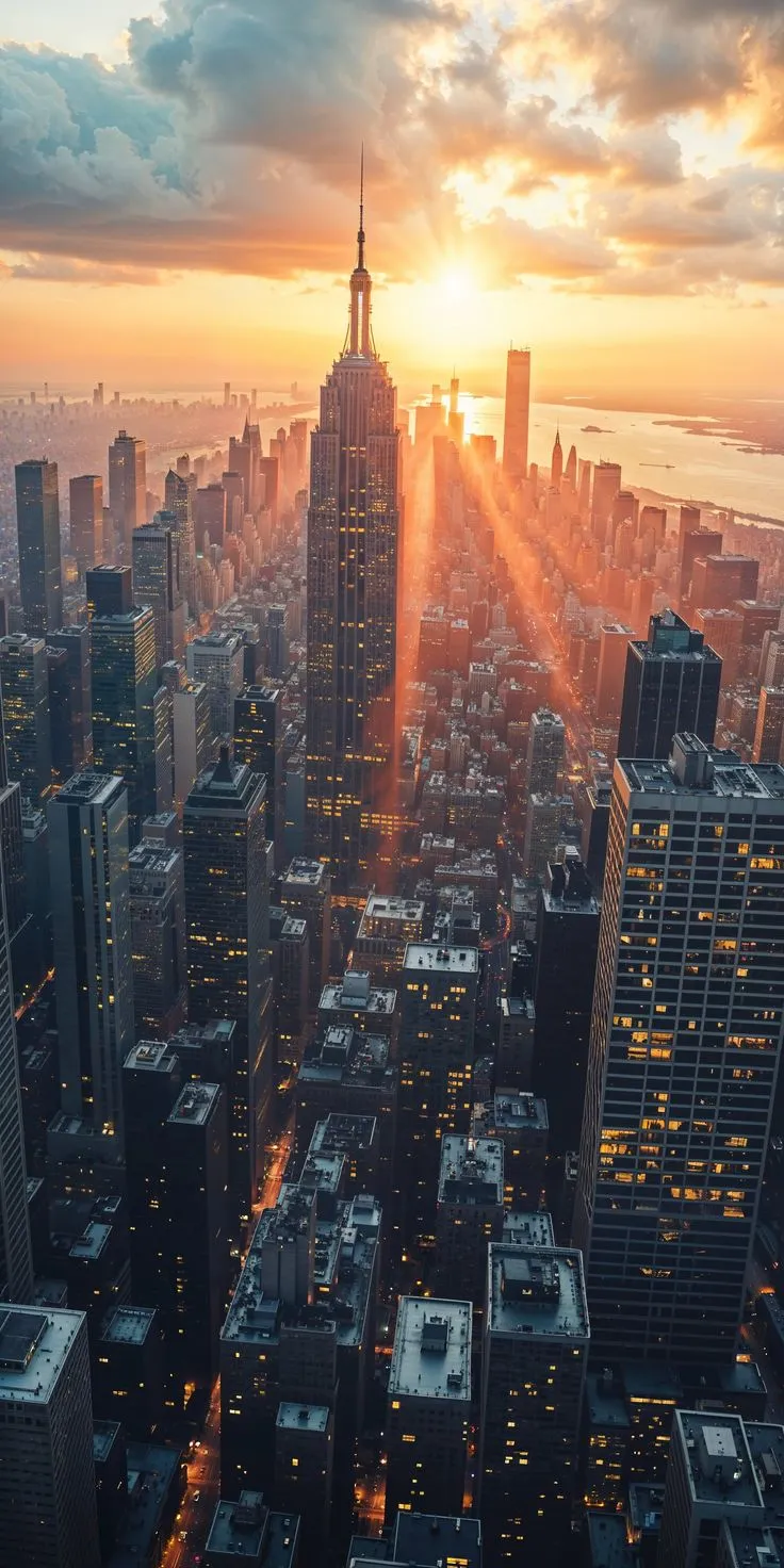 the sun is setting over new york city, with skyscrapers in the foreground