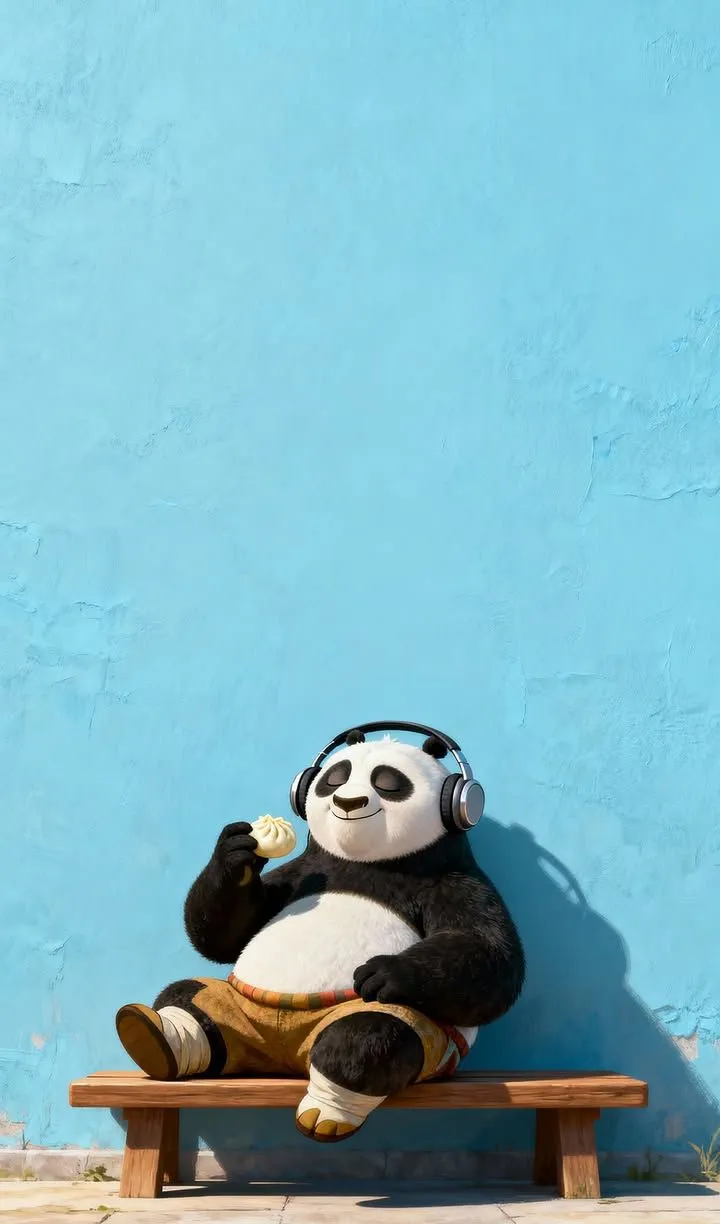 a stuffed panda bear sitting on top of a wooden bench next to a blue wall
