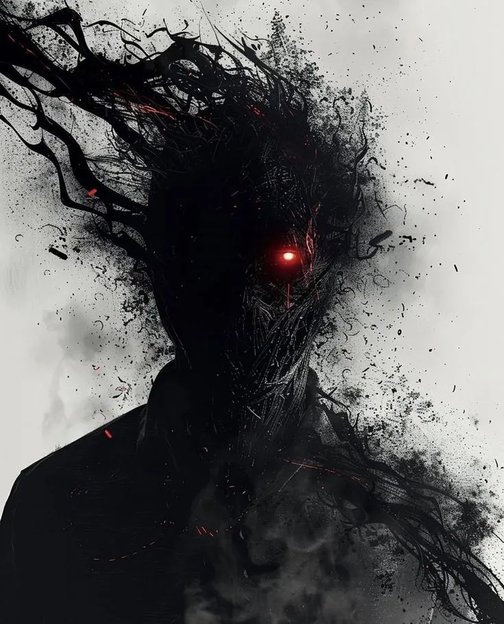 a man with red eyes and black hair is shown in front of a white background