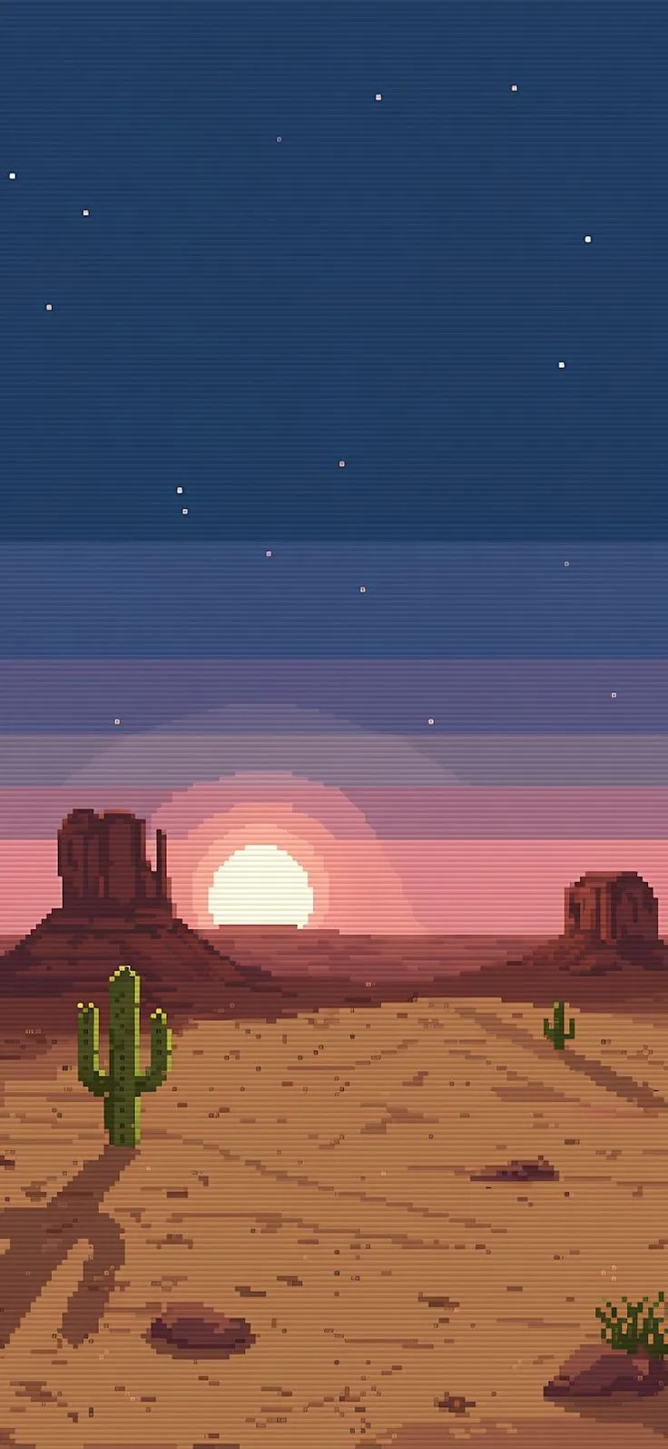 a desert scene with cactus trees and the sun setting