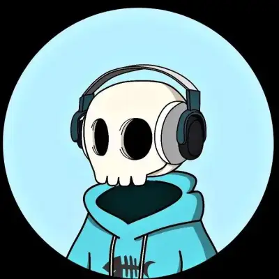 a cartoon character wearing headphones and a hoodie with a skull in the background