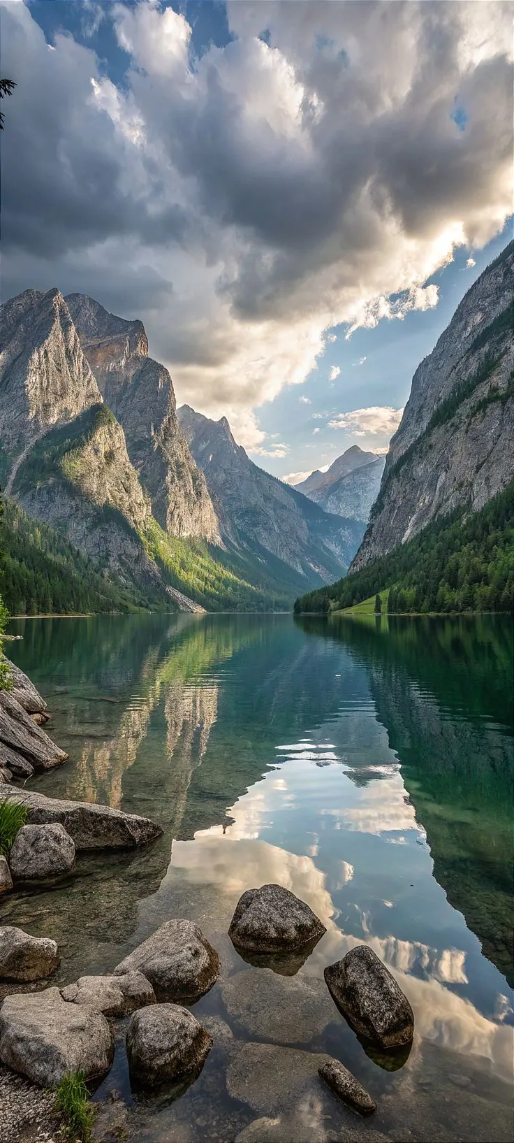 a lake surrounded by mountains under a cloudy sky with rocks in the foreground and water below