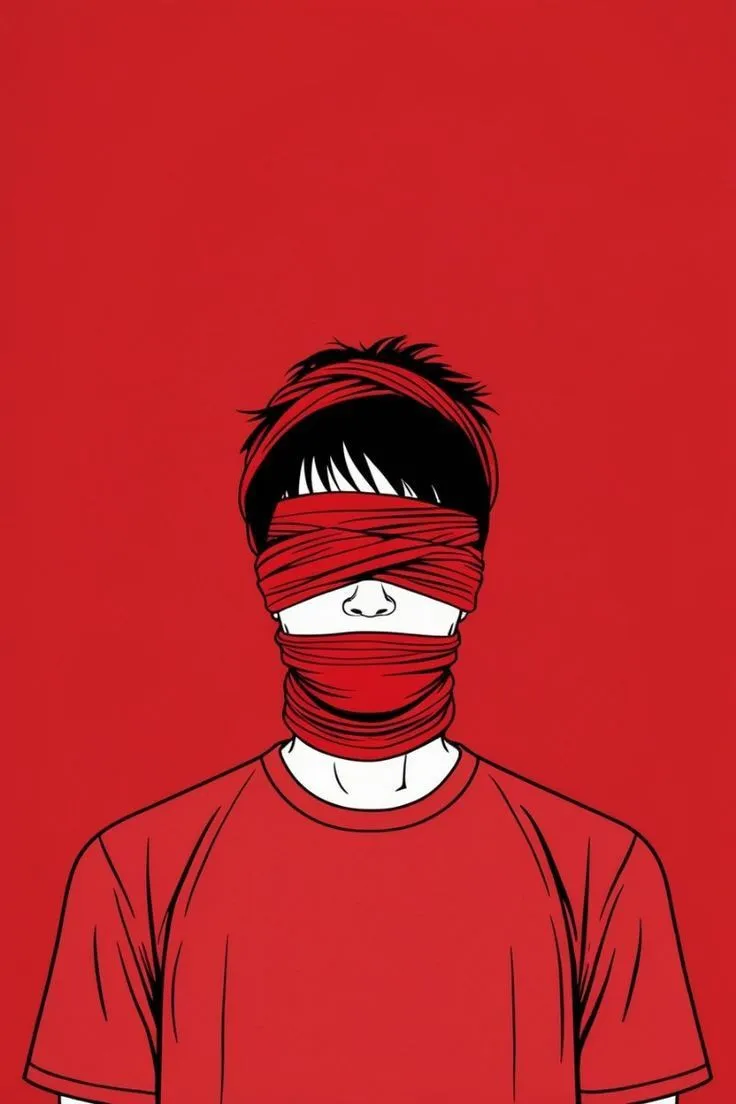 a drawing of a person with a red bandana wrapped around their head and eyes