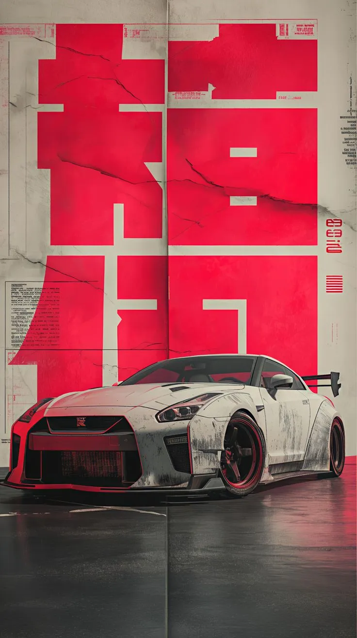 a white sports car parked in front of a red wall with abstract designs on it