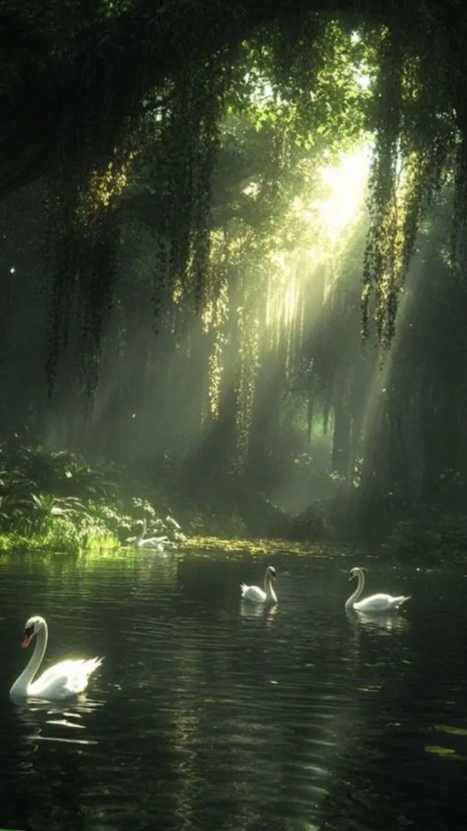 three white swans swimming in the water near trees and sunlight beams shining down on them