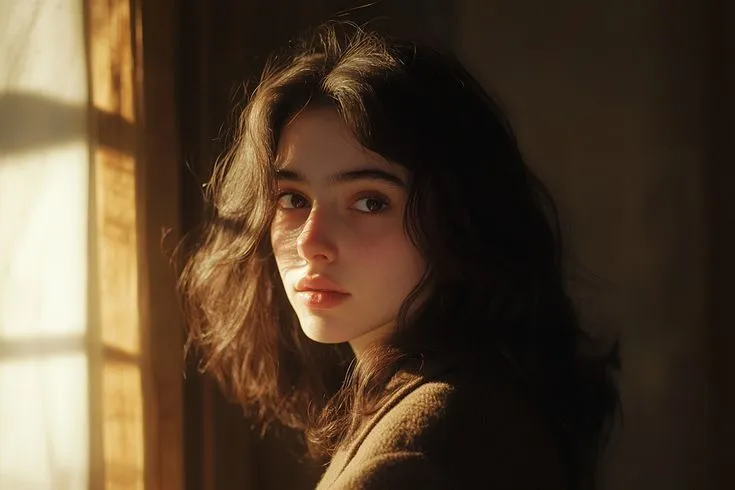 a woman is looking out the window with sunlight coming in