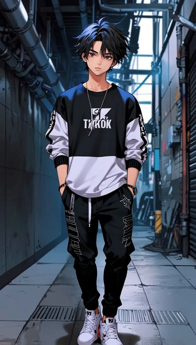 a young man with black hair standing in an alley way wearing a black and white shirt