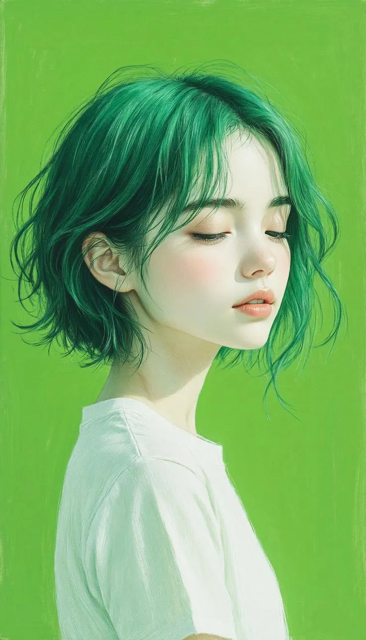 a painting of a woman with green hair wearing a white t - shirt and looking to her left